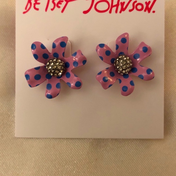Betsey Johnson Enchanted Garden Pink Flower Stud Earrings Blue Polka Dots NWT - Picture 9 of 11